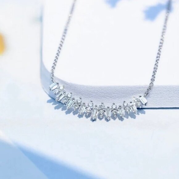 NWT 14K White Gold Plated CZ Curved Arc Center Cluster Necklace 16” Women's - Picture 1 of 12